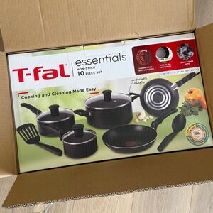 T-fal Essentials Non-Stick 10 Piece Cookware Set Black B003SC64 NEW